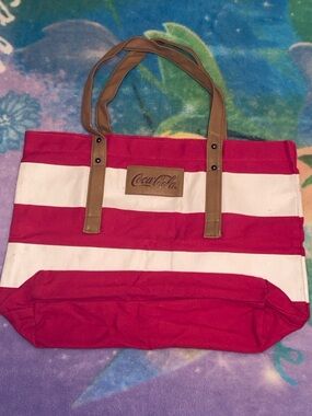 Coca Cola Red and White Striped Tote with Brown Handles